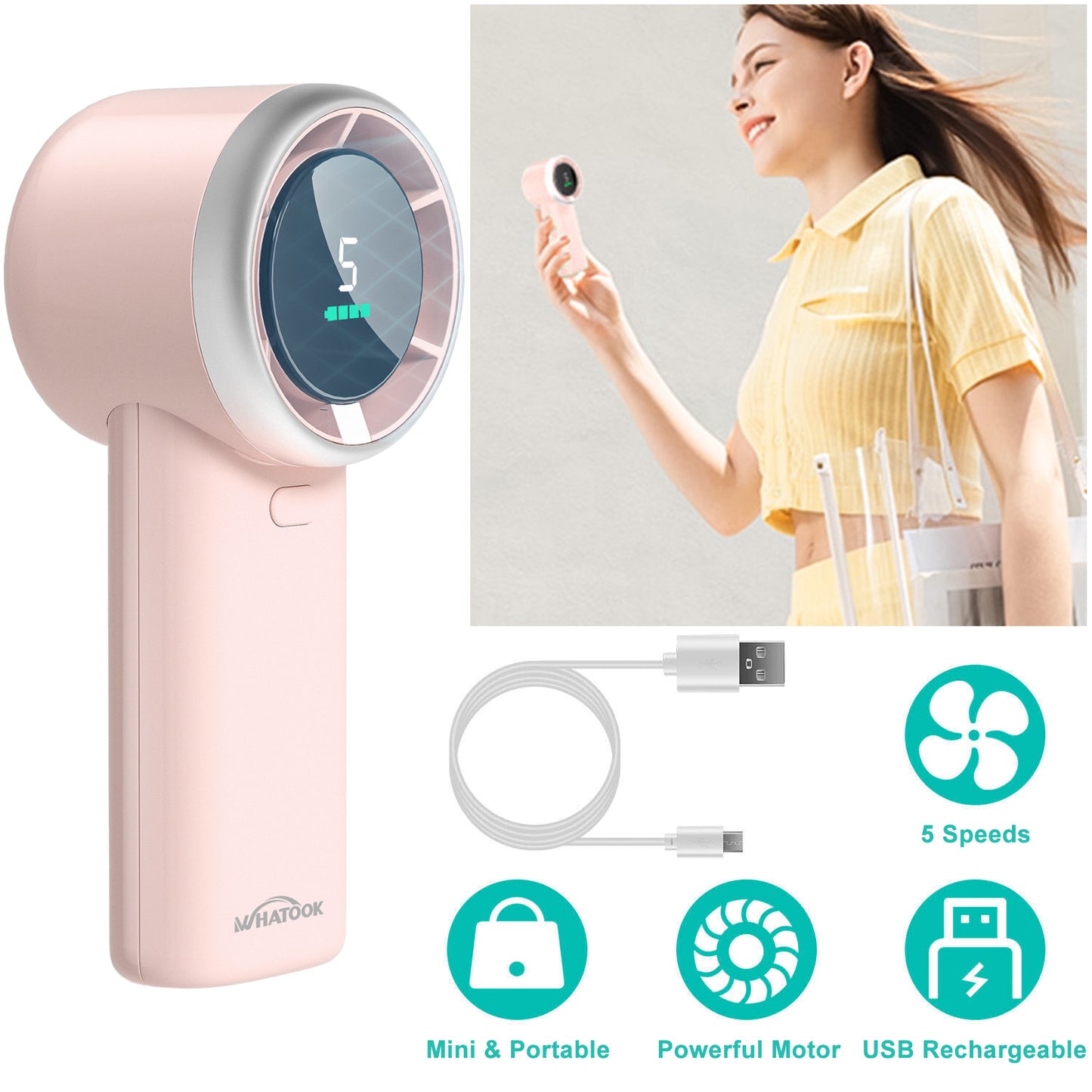 Portable Handheld Fan, Adjustable Turbo Mini Fan,Rechargeable Personal Fan,Digital Display,Gifts for Women Men Travel/Camping/Outdoor-Pink