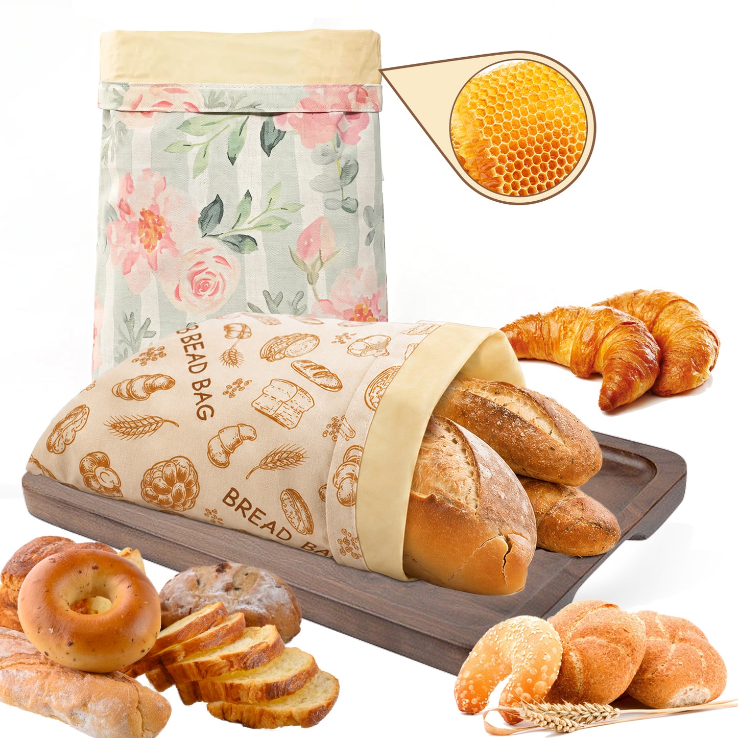 Beeswax Bread Bags for Homemade Bread, 2 Pack Reusable Organic Linen Bag Natural, Beeswax Bread Storage Bag, Freshness Keeping and Freezer Safe