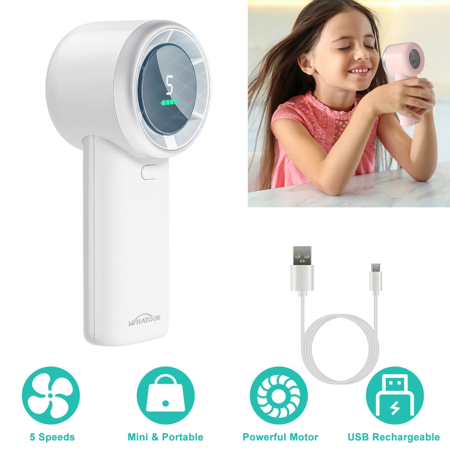 Portable Handheld Fan, Adjustable Turbo Mini Fan,Rechargeable Personal Fan,Digital Display,Gifts for Women Men Travel/Camping/Outdoor-White