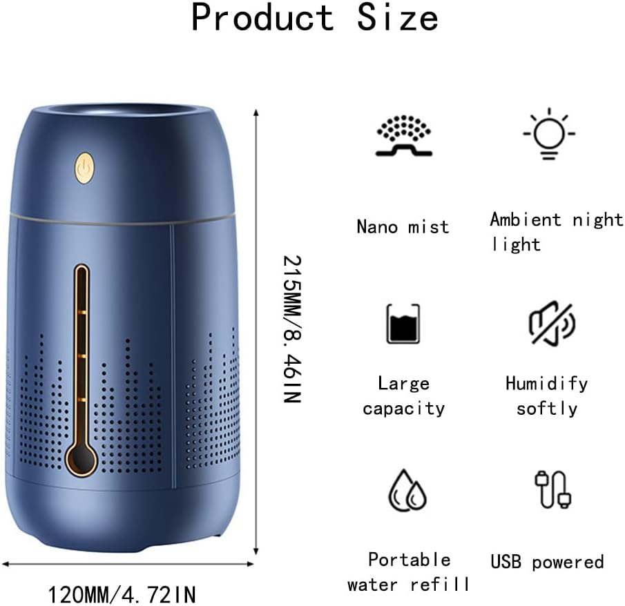 Humidifier for Room, Bass Home Humidifier, Essential Oil Diffuser with 7 Colors Night Light, Easy Clean, 1.2L Large Capacity Air Humidifier for Bedroom, Desk and Office Blue
