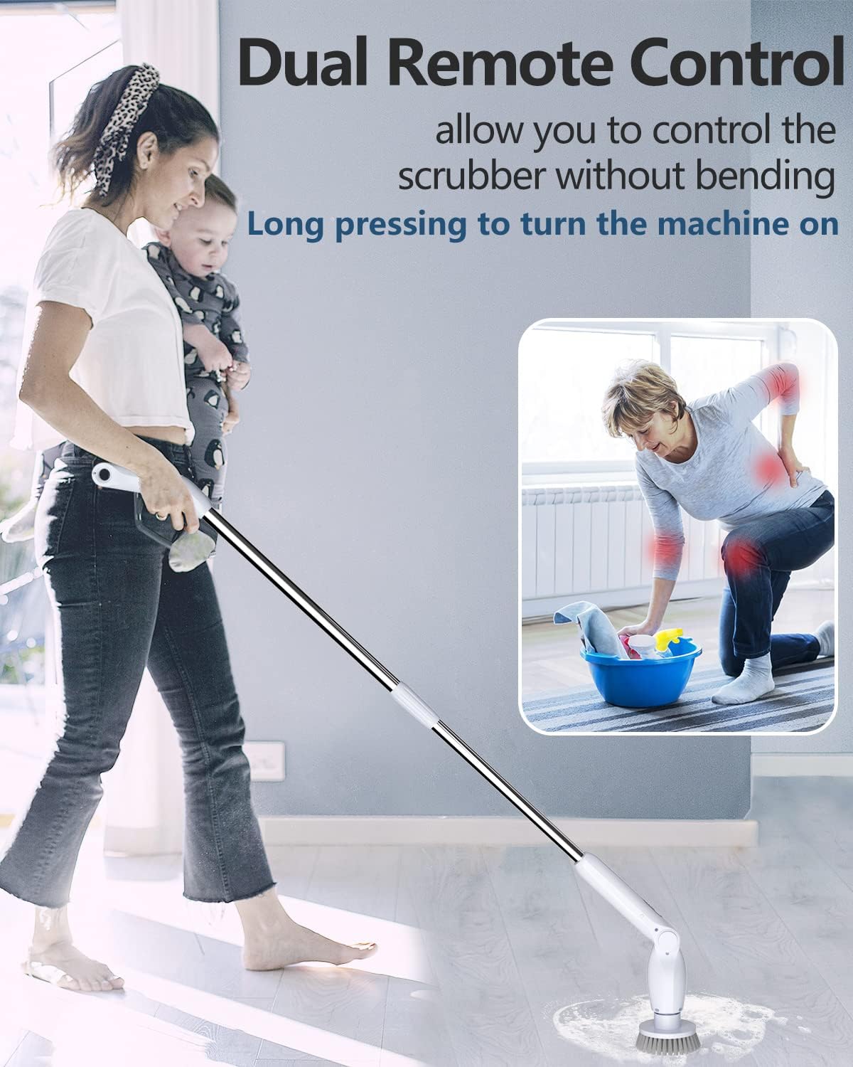 HOOFUN Electric Spin Scrubber, Cordless Bath Power Scrubber with Long Handle & 8 Replaceable Heads, Adjustable Extension Handle, Detachable as Short Handle, 2 Speeds & Remote Control