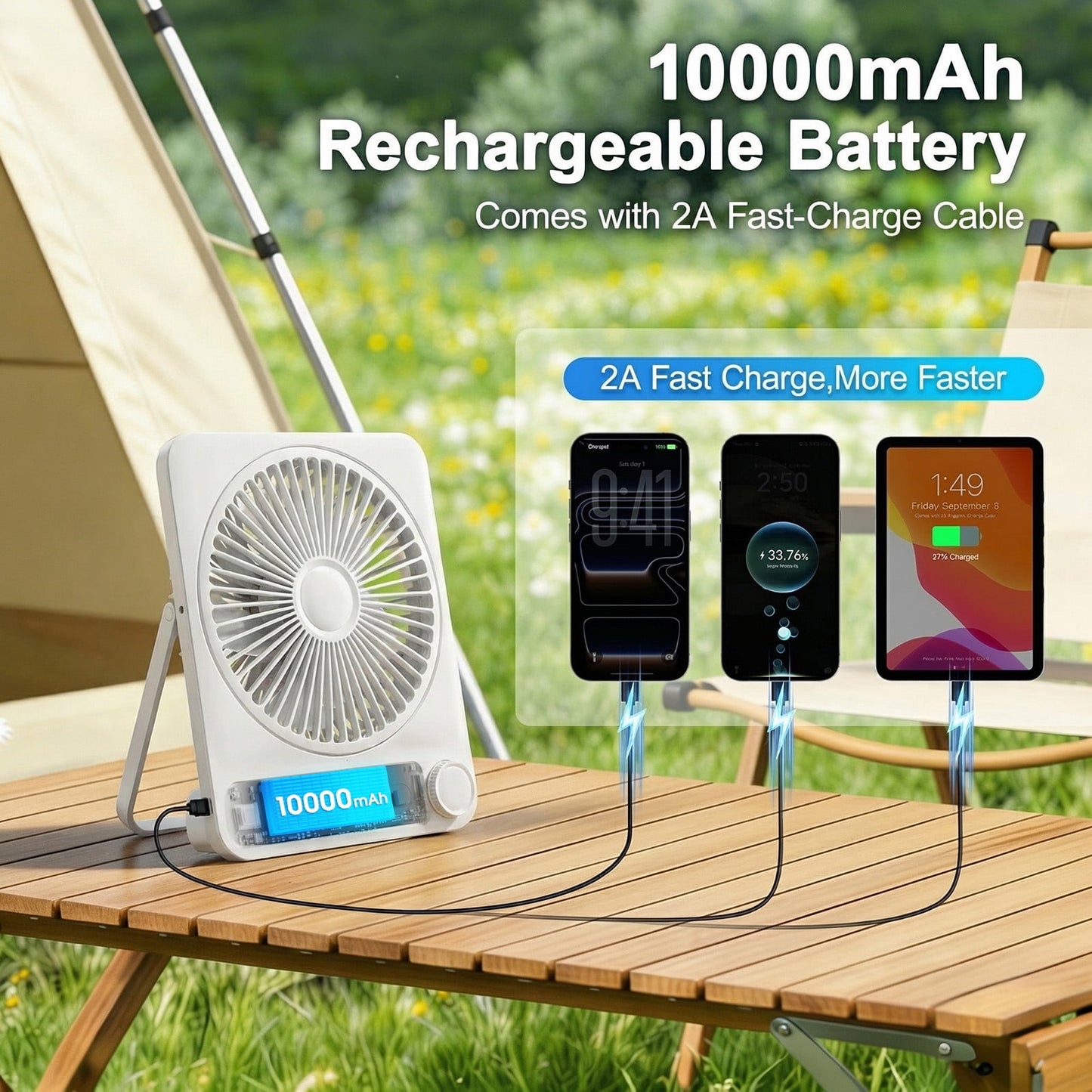 Large Desk Fan, 10000mAh Battery 40H Runtime Silent Rechargeable Fans, Quiet Personal Portable Cooler for Camping Bedroom Office Small Desktop fan