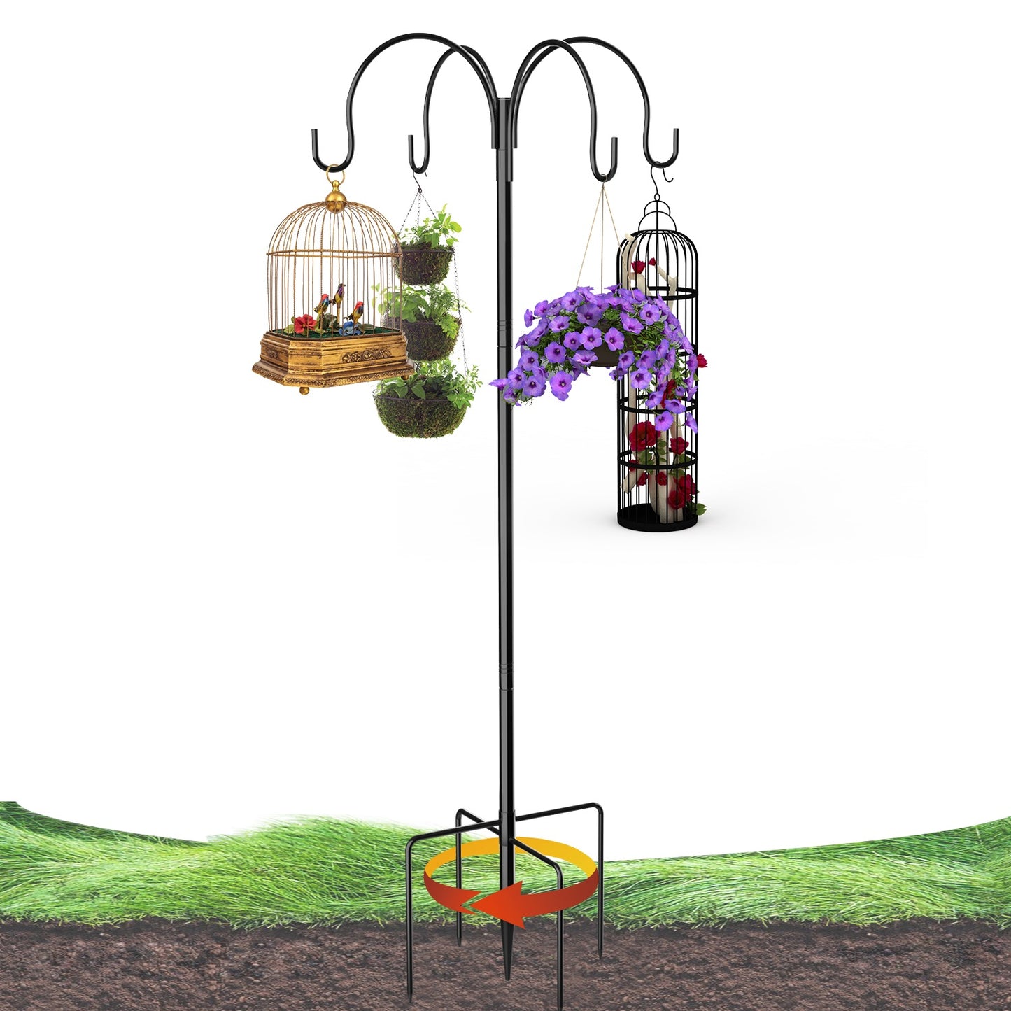 4-Hooks Shepherds Hooks for Outdoor, 88" Heavy Duty Bird Feeder Pole with 5 Prongs Base, Adjustable Garden Hook for Hanging Solar Light, Lanterns, Plant