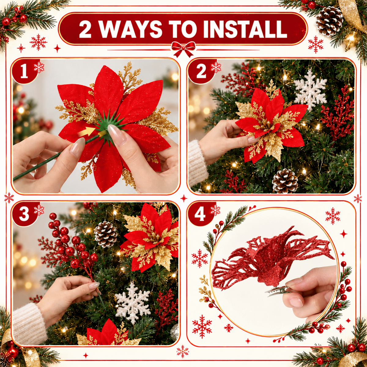 PUCACHI 92Pcs Christmas Tree Decorations Set with Poinsettia Christmas Flowers, Glitter Berry Stems, Snowflakes, Pine Cones and Icicle Drop Crystal Ornaments, Red
