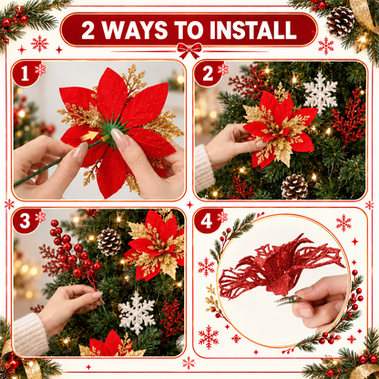 PUCACHI 92Pcs Christmas Tree Decorations Set with Poinsettia Christmas Flowers, Glitter Berry Stems, Snowflakes, Pine Cones and Icicle Drop Crystal Ornaments, Red