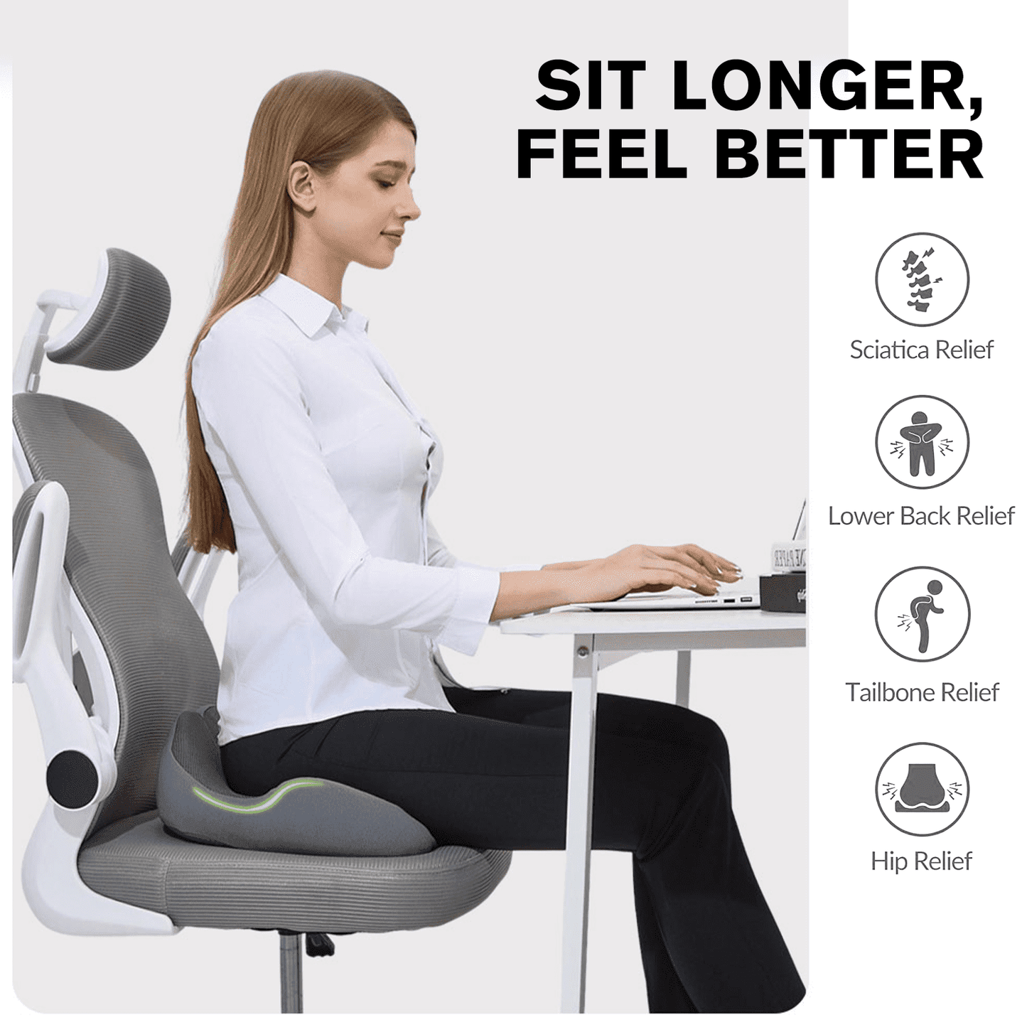 Henotian Memory Foam Seat Cushion for Office Chair, Extra-Thick Ergonomic Chair Cushion for Tailbone, Sciatica & Back Pain Relief, Non-Slip Car Seat Pillow Gray