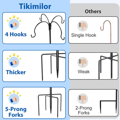 4-Hooks Shepherds Hooks for Outdoor, 88" Heavy Duty Bird Feeder Pole with 5 Prongs Base, Adjustable Garden Hook for Hanging Solar Light, Lanterns, Plant