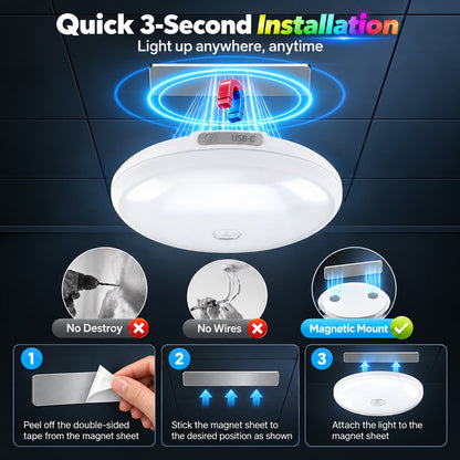 Henotian Rechargeable Shower Light, 10000mAh Wireless Ceiling Lamp, 300LM IP54 Water Resistant, 12 Rgb Colors, Remote and Touch Control, Magnetic Mount for Bathroom, Bedroom, Closet