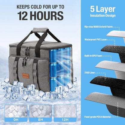 Merryhome 60 Can Collapsible Soft Sided Cooler Bag, Leakproof Insulated Portable Cooler for Beach, Camping, Travel, Picnic and Grocery, Gray