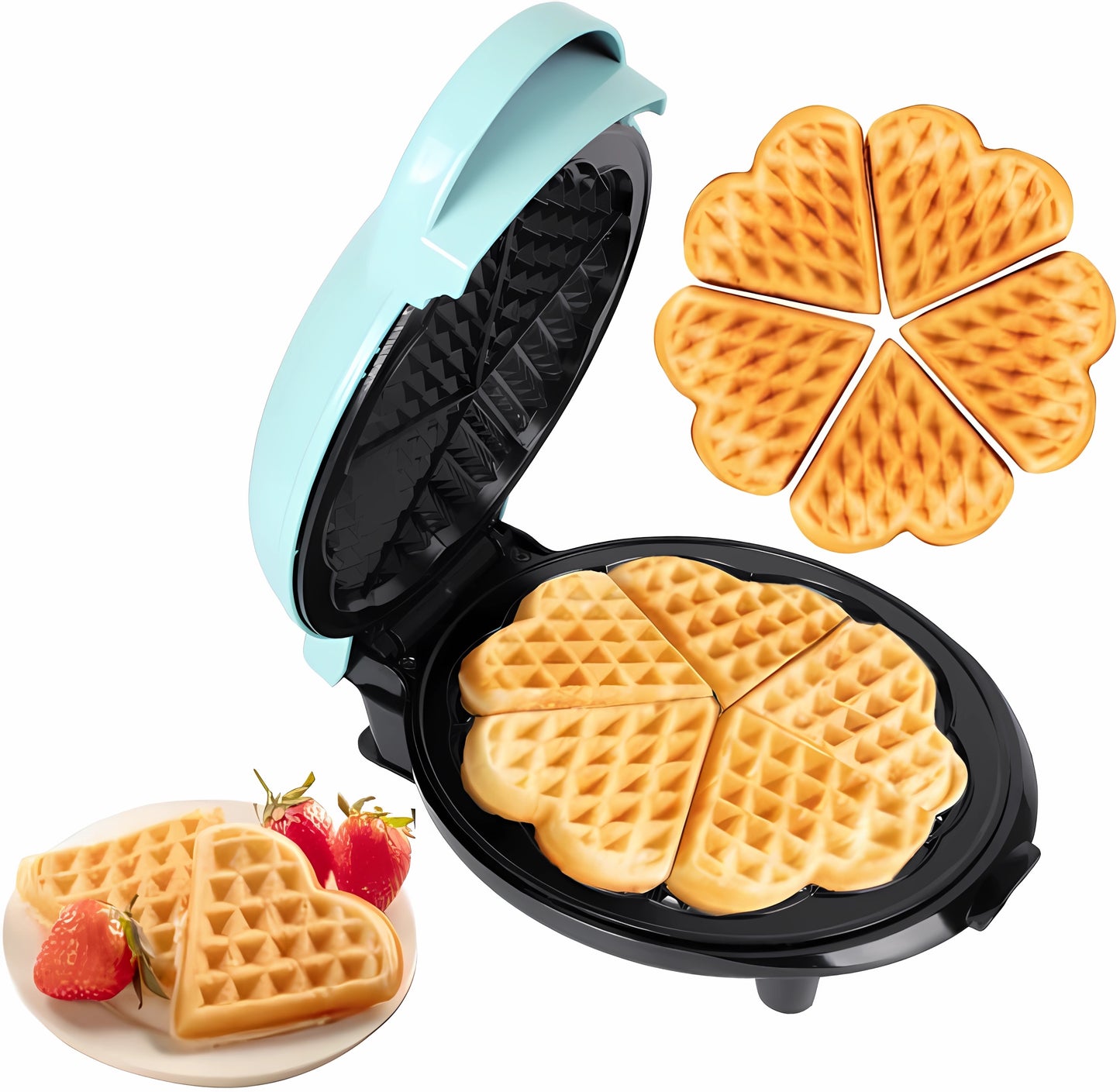 Heart Waffle Maker - Non-Stick Waffle Griddle Iron with Browning Control - 5 Heart-Shaped Waffles, Great Gift