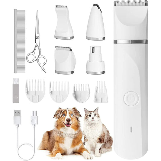 Kidsjoy Dog Clippers , Dog Grooming Kit, Rechargeable Low Noise Cordless Pet Clippers with 4 Size Trimmer Head, Complete Set of Dog Grooming Tools for Dogs, Cats and Other Pets