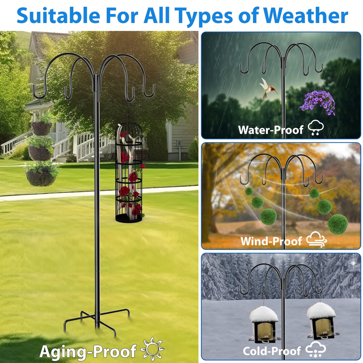 4-Hooks Shepherds Hooks for Outdoor, 88" Heavy Duty Bird Feeder Pole with 5 Prongs Base, Adjustable Garden Hook for Hanging Solar Light, Lanterns, Plant