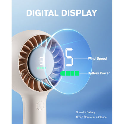 Handheld Fan, 3000mAh Rechargeable Personal Fan with LED Display, 5-Speed Turbo Wind, Portable Desk Fan with Base and Lanyard for Travel,Beach,Office