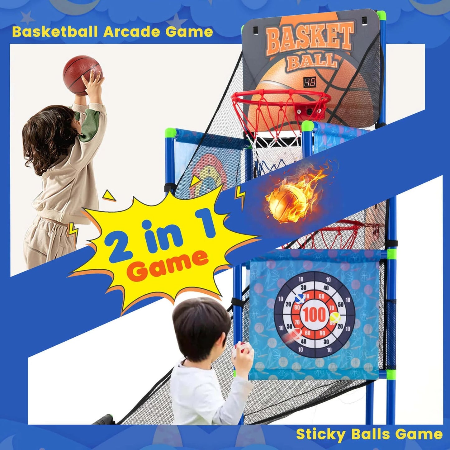 Kids Basketball Arcade Game, 2 in 1 Indoor Outdoor Basketball Game Set w/Electronic Scoreboard & Sound Effect & 8 Sticky Balls, 2 Basketballs, Toy Gift for Toddlers Children Boys Girls Ages 3+