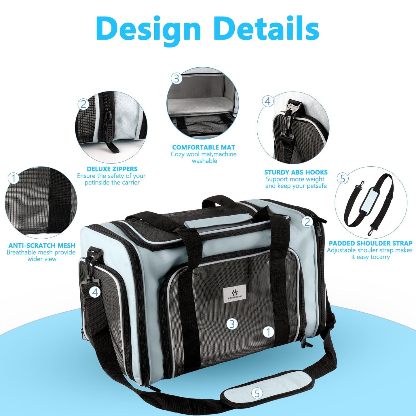Merryhome 18 in Cat Carrier for Small Cats & Dogs up to 15 lbs – Airline Approved Foldable Soft-Sided Pet Travel Bag, Waterproof, Blue