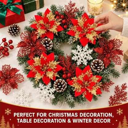 PUCACHI 92Pcs Christmas Tree Decorations Set with Poinsettia Christmas Flowers, Glitter Berry Stems, Snowflakes, Pine Cones and Icicle Drop Crystal Ornaments, Red