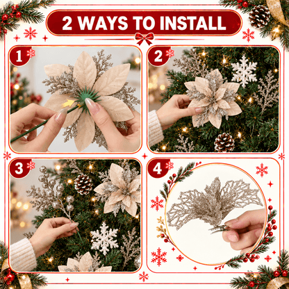PUCACHI 92Pcs Christmas Tree Decorations Set with Poinsettia Christmas Flowers, Glitter Berry Stems, Snowflakes, Pine Cones and Icicle Drop Crystal Ornaments, Champagne