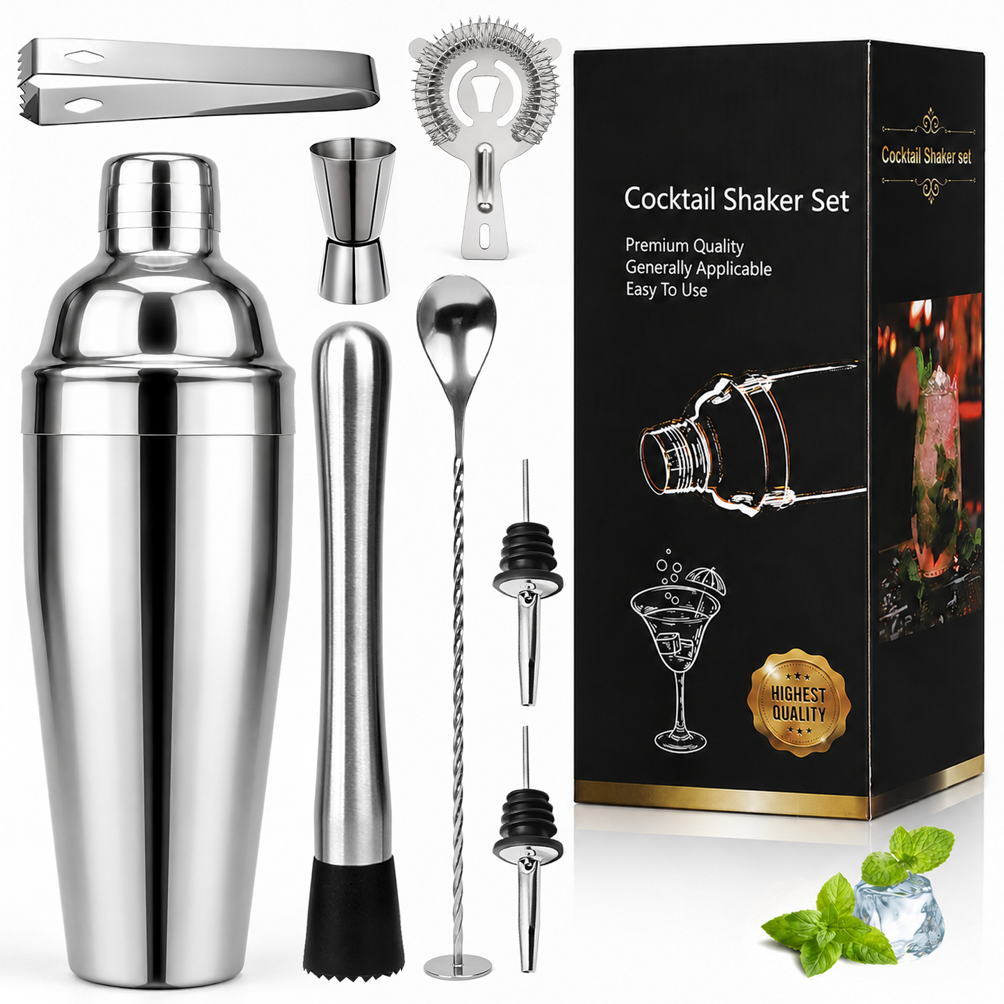 Cocktail Shaker Set, 8 Pcs Professional Bar Set, Shaker, Jigger, Strainer, Mixer Spoon, Muddler, Gift for Christmas, Birthday, Beginners