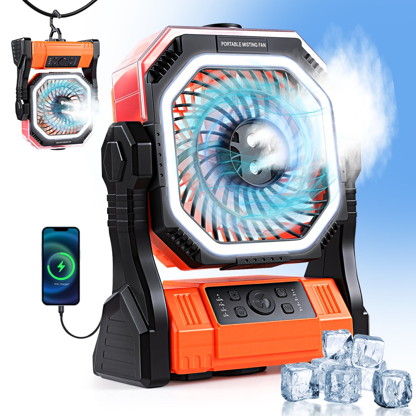 Henotian Camping Fan and Misting Desk Fan, 20000mAh Rechargeable Portable Fan with 320ml Water Tank, LED Lantern for Home, Patio, Travel