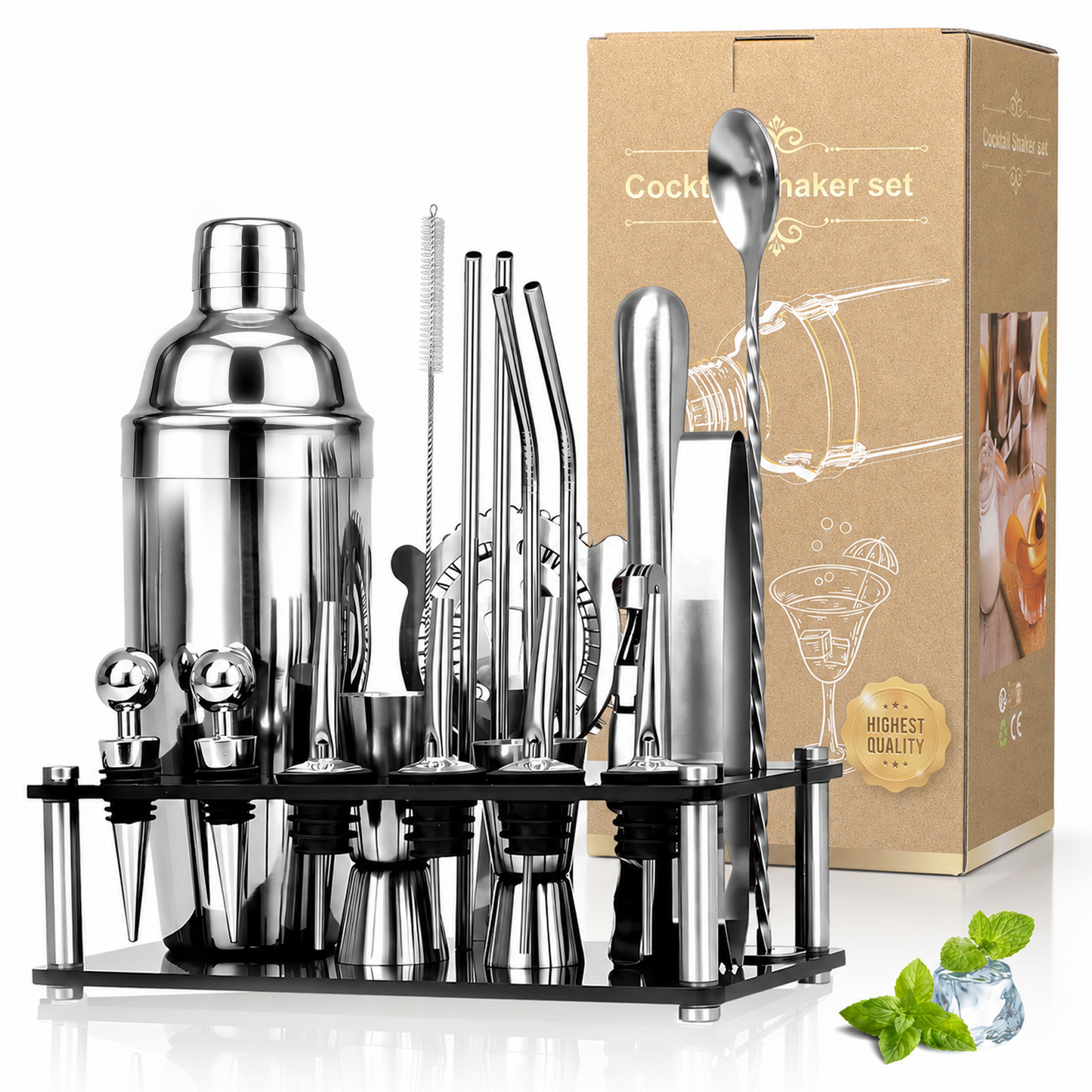 Cocktail Shaker Set, 20 Pcs Professional Bar Set, Shaker, Jigger, Strainer, Mixer Spoon, Muddler, Stand and Recipe Book, Bar Set Beginners
