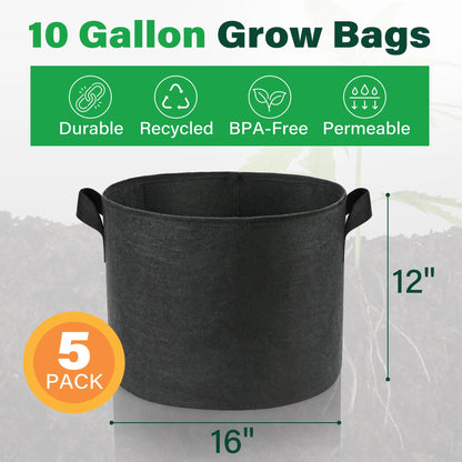 5-Pack 10 Gallon Breathable Grow Bags，Heavy-Duty Fabric Pots for Healthier Roots & Outdoor/Indoor Gardening