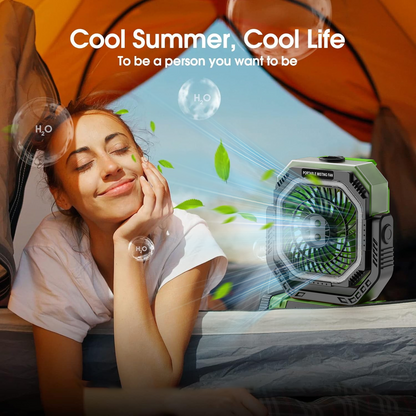 Merryhome 10000mAh Portable Camping Misting Fan,Oscillating Camping Fan with Light,Rechargeable Fan with 9oz Water Tank,4 Speed & 4 Timer Settings Outdoor Fan for Camping（Green） ﻿ ﻿