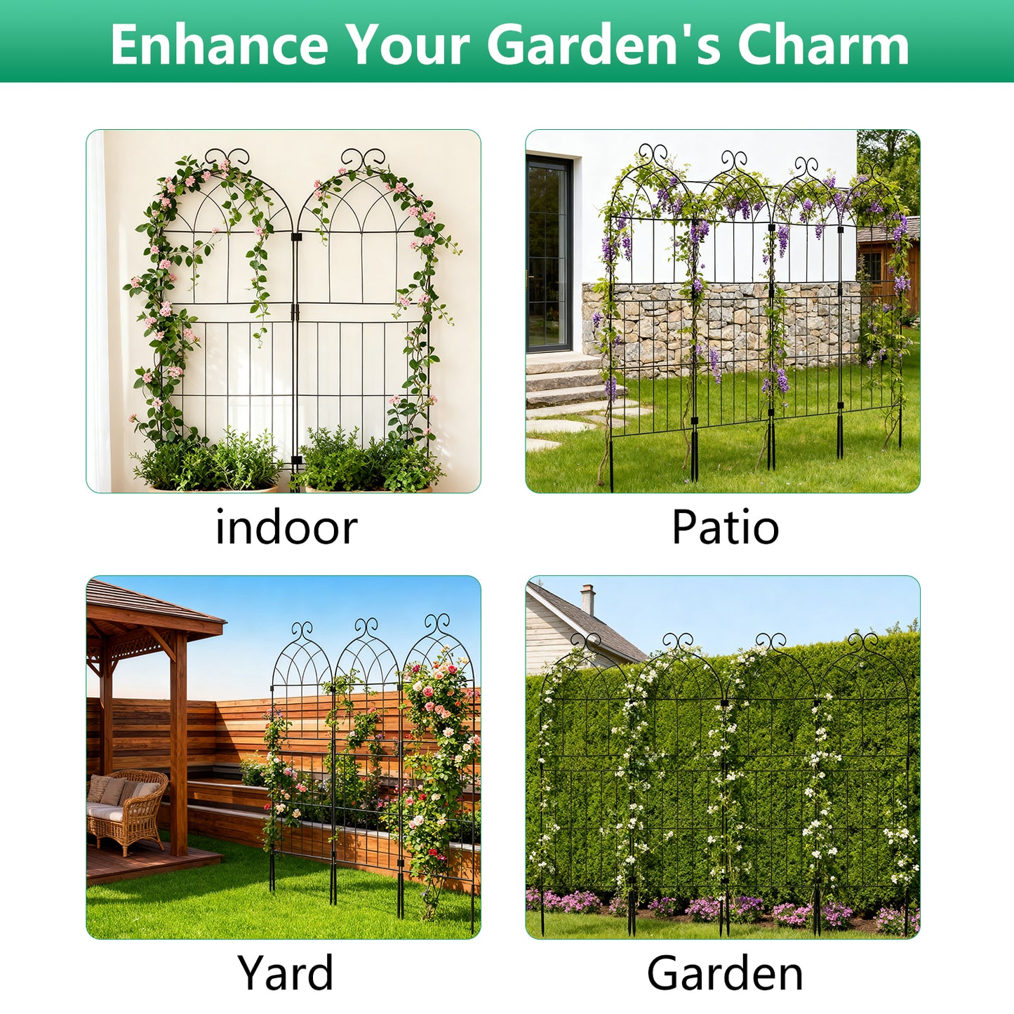 Decorative Garden Fence 10 Pack,Garden Trellis for Climbing Plants, 38.3in H x 12in W Metal Panel, Outdoor Wrought Iron Trellis for Vines, Flowers, Vegetable Garden Support