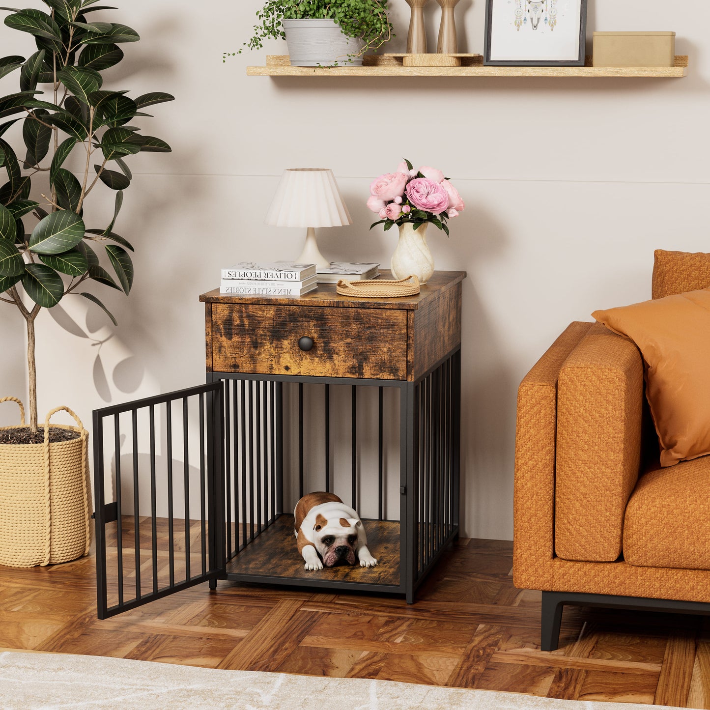 Wooden Dog Kennel End Table, Decorative Dog Cage Table with Drawer, Indoor Pet Crate End Table for Small Dog, Iron-Tube Dog Cage, Chew-Proof, Walnut