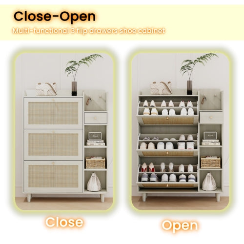 Natural Bohemia Style Shoe Cabinet, Shoe Rack Cabinet with 3 Rattan Flip Drawers,3 Square Shelves and 1 Storage Drawer, Shoe Organizer with Mulit Storage Space and Hooks for Hallway, Entryway