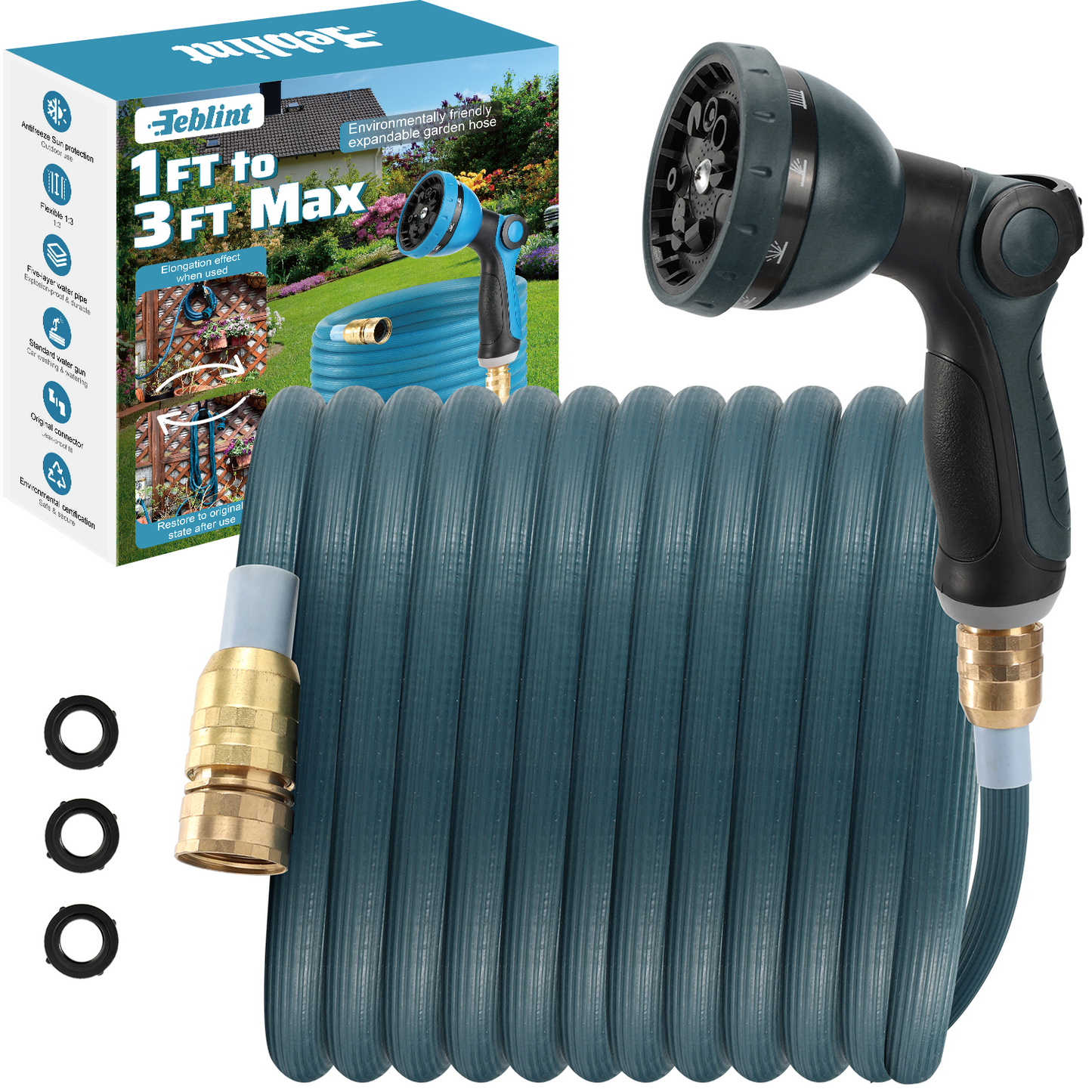 Teblint Expandable Garden Hose 50ft, 2025 New 3X Expandable Hose, Retractable Flexible Water Hose, 10 Pattern Spray Nozzle, Leakproof 3/4" Solid Brass Fittings, Lightweight & No-Kink(Green)