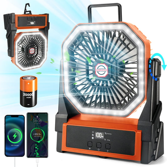 Henotian Camping Fan,Portable Fan for Travel, 20000mAh Rechargeable Desk fan, Battery Operated Fan with Hanging Hook for Tent,Office,Travel,Fishing,Picnic