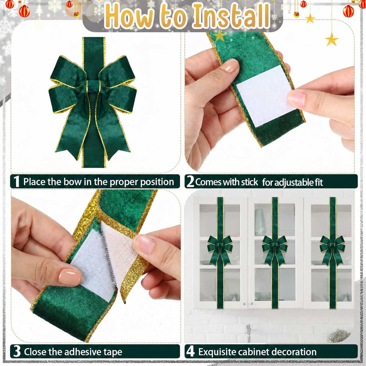 PUCACHI 6 Pcs Christmas Cabinet Door Bows,8x40 Inches Festive Ribbons Large Door Ribbon Party Decorations,for Cabinets Furniture and Kitchen Christmas Party Decorations（Green）
