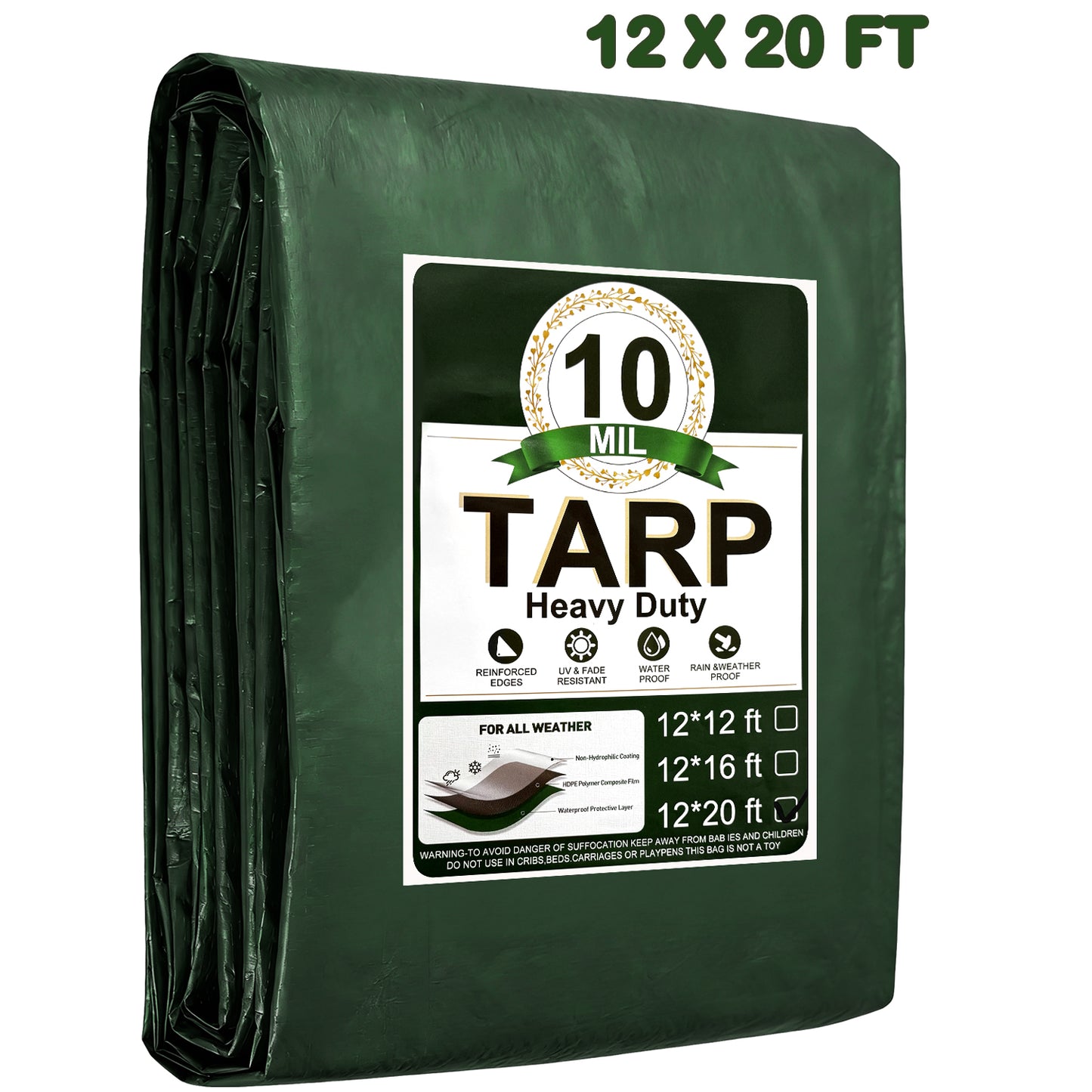 Henotian Heavy Duty Tarp 12x20 ft, 100% Waterproof 10mil with Reinforced Edges Grommets, UV,Tear Resistant Cover for Home,Boats,Cars,Camping,Protective Cover