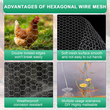 Merryhome Chicken Wire Fence Mesh, 15.7"x32ft Galvanized Hexagonal Netting – 0.6mm Wire for Garden, Poultry, Rabbits, Crafts, DIY, with Gloves, Pliers & Zip Ties