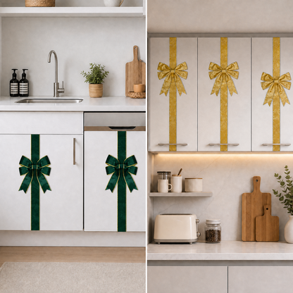 PUCACHI 6 Pcs Christmas Cabinet Door Bows,8x40 Inches Festive Ribbons Large Door Ribbon Party Decorations,for Cabinets Furniture and Kitchen Christmas Party Decorations（Green）