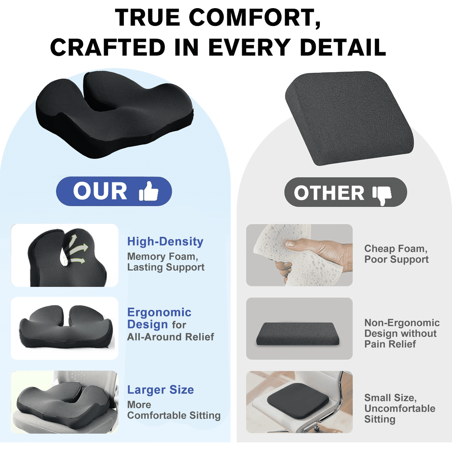 Henotian Memory Foam Seat Cushion for Office Chair, Extra-Thick Ergonomic Chair Cushion for Tailbone, Sciatica & Back Pain Relief, Non-Slip Car Seat Pillow Black