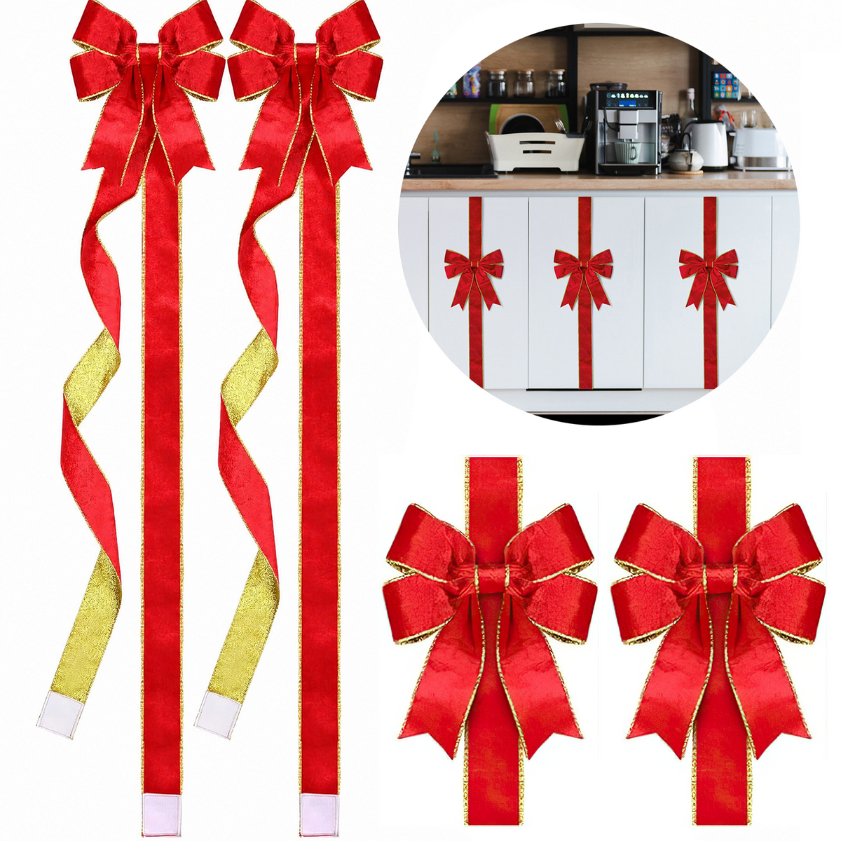 PUCACHI 6 Pcs Christmas Cabinet Door Bows,8x40 Inches Festive Ribbons Large Door Ribbon Party Decorations,for Cabinets Furniture and Kitchen Christmas Party Decorations（Red）