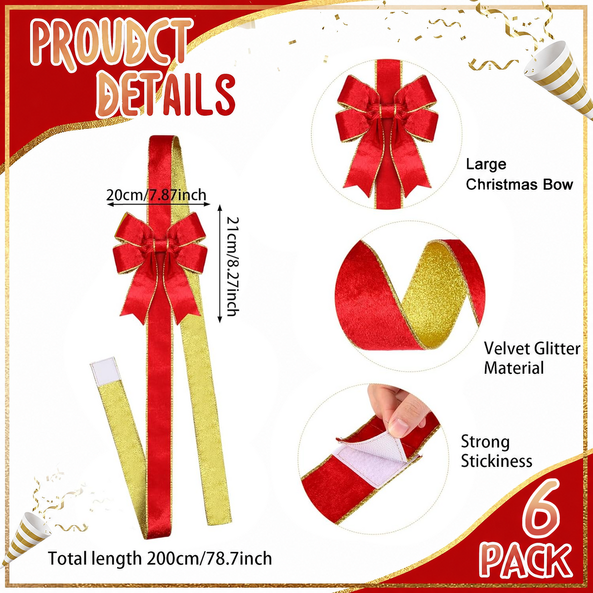 PUCACHI 6 Pcs Christmas Cabinet Door Bows,8x40 Inches Festive Ribbons Large Door Ribbon Party Decorations,for Cabinets Furniture and Kitchen Christmas Party Decorations（Red）