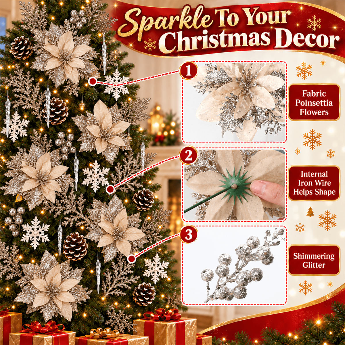 PUCACHI 92Pcs Christmas Tree Decorations Set with Poinsettia Christmas Flowers, Glitter Berry Stems, Snowflakes, Pine Cones and Icicle Drop Crystal Ornaments, Champagne