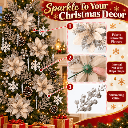 PUCACHI 92Pcs Christmas Tree Decorations Set with Poinsettia Christmas Flowers, Glitter Berry Stems, Snowflakes, Pine Cones and Icicle Drop Crystal Ornaments, Champagne