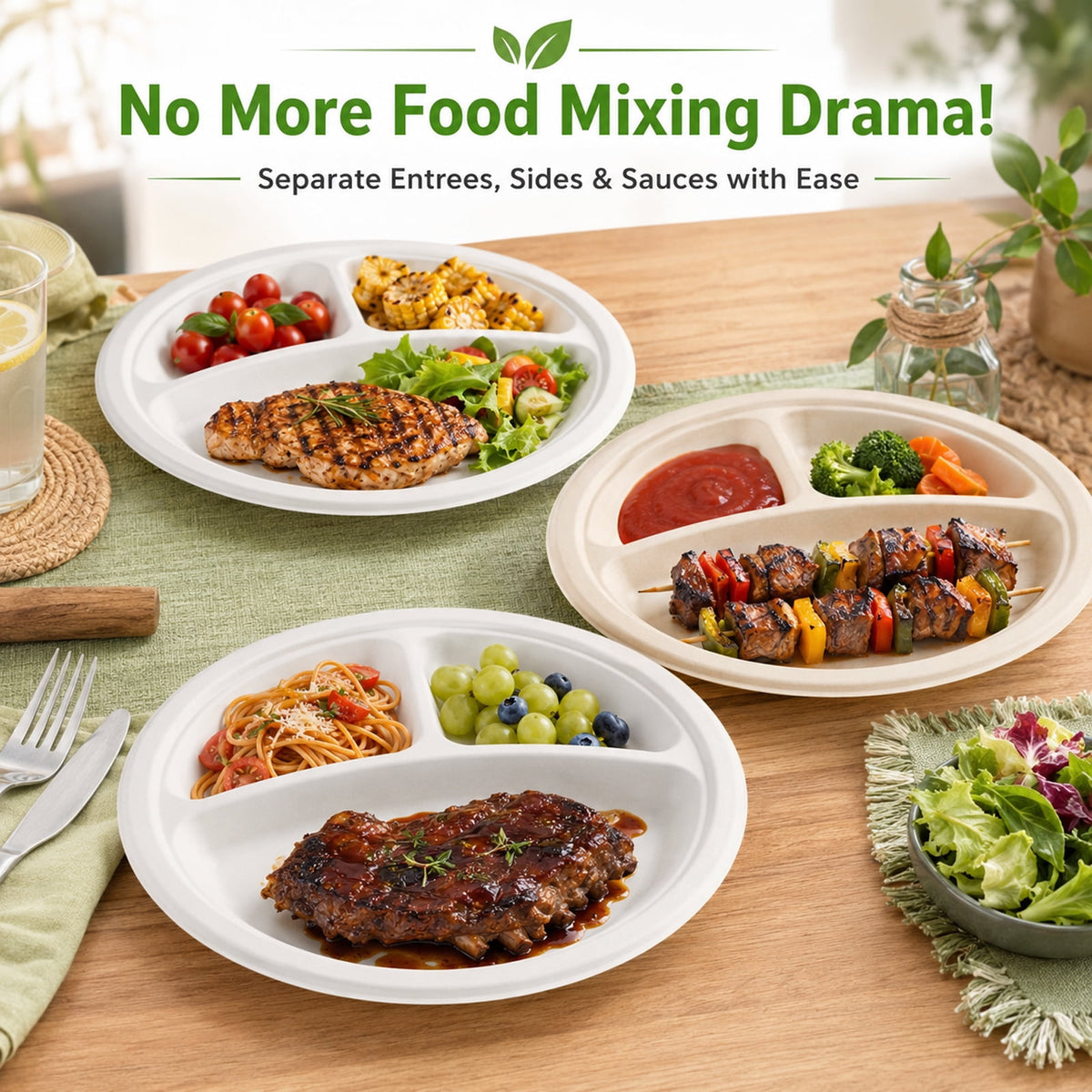 PUCACHI 3 Compartment Paper Plates, 10 in 100 Pack Heavy Duty Disposable Sugarcane Bagasse Plates, Microwave Safe for BBQ, Picnic, Party and Catering