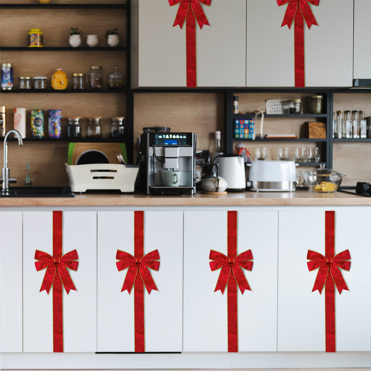 PUCACHI 6 Pcs Christmas Cabinet Door Bows,8x40 Inches Festive Ribbons Large Door Ribbon Party Decorations,for Cabinets Furniture and Kitchen Christmas Party Decorations（Red）
