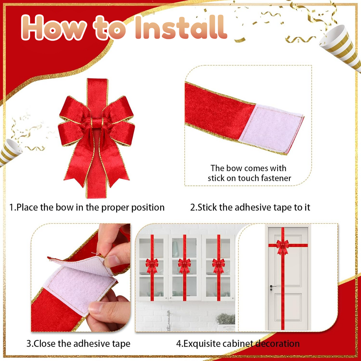 PUCACHI 6 Pcs Christmas Cabinet Door Bows,8x40 Inches Festive Ribbons Large Door Ribbon Party Decorations,for Cabinets Furniture and Kitchen Christmas Party Decorations（Red）