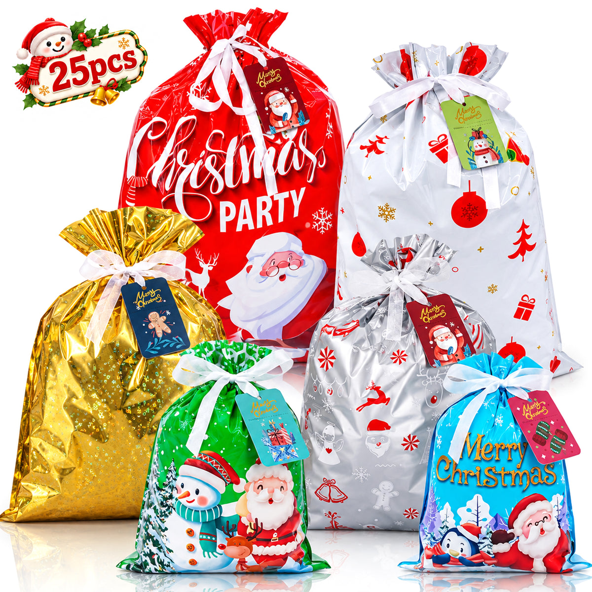 Teblint 25Pcs Christmas Drawstring Gift Bags, Xmas Wrapping Bags Assorted Sizes with 36 Tags, Reusable Goodie Bag for Holiday Party Supplies, Christmas Decor