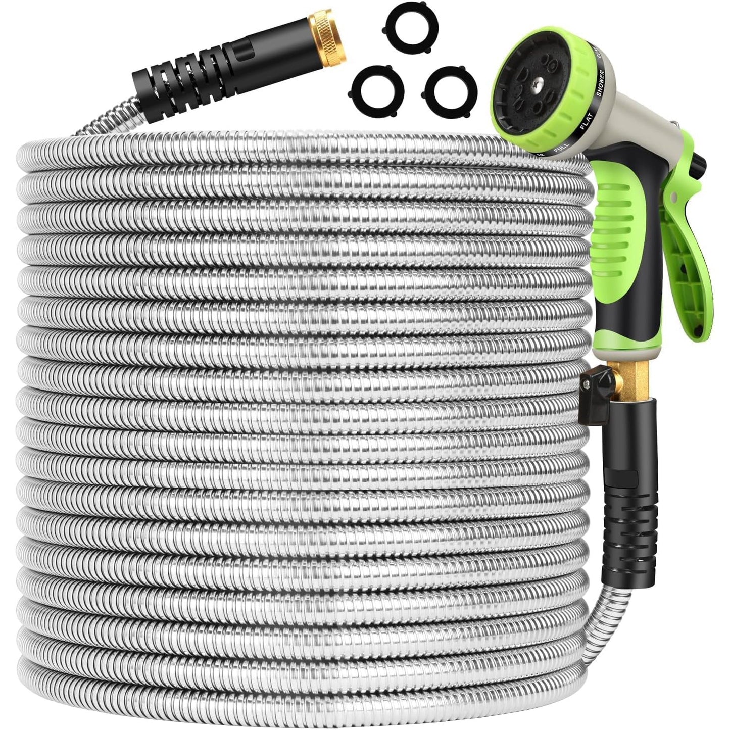 Sevenlady Metal Garden Hose 100ft, 304 Stainless Steel Garden Hose, Heavy Duty Water Hoses with 10 Function Hose Nozzle, Flexible, No Kink & Tangle, Puncture Proof Hose for Yard, Outdoors, Rv