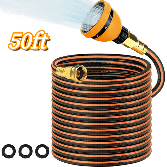 Teblint Ultra Lightweight Garden Hose 50FT, Heavy Duty Non-Expandable Water Hose Pipe, 3/4" Solid Brass Swivel Fittings & 10 Function Spray Nozzle, Flexible, No Kink & Leak Proof (Orange)