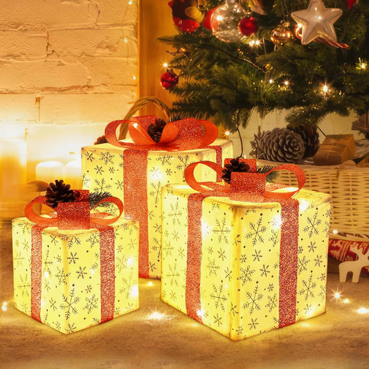 Christmas Lighted Gift Boxes Set of 3 - 50 LED Light Up Holiday Decor with Warm White Lights, Battery Operated Gift Boxes for Indoor Outdoor Xmas Tree Porch Decor