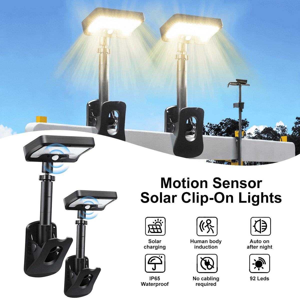 Merryhome Solar Clip-on Lights with Motion Sensor,3-Mode,360 Degree Rotation,92 LEDs,600Lm Dual Charging,Waterproof Solar Fence Lights for Patio,Camp,Wall,Camping (2Pcs Warm Lights)