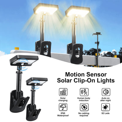 Merryhome Solar Clip-on Lights with Motion Sensor,3-Mode,360 Degree Rotation,92 LEDs,600Lm Dual Charging,Waterproof Solar Fence Lights for Patio,Camp,Wall,Camping (2Pcs Warm Lights)
