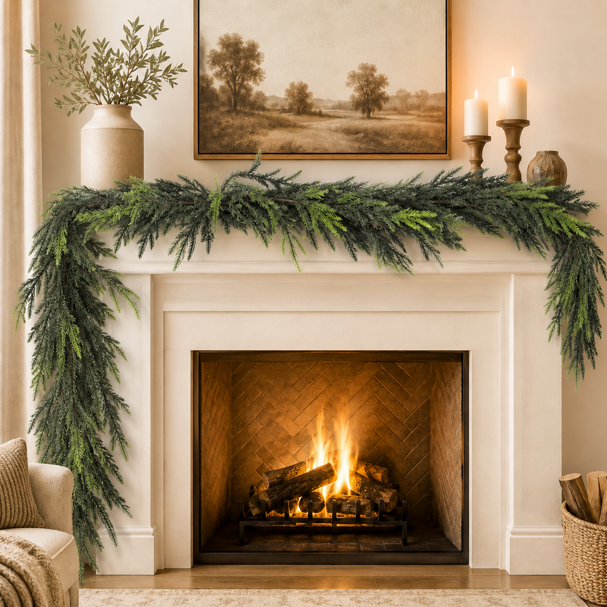 PUCACHI 2 Pcs 6 Ft Christmas Garland,Artificial Norfolk Pine Garlands,Real Touch Winter Pine Garland,Artificial Greenery Garland for Table,Mantle,Indoor,Outdoor Christmas Decorations（Green）